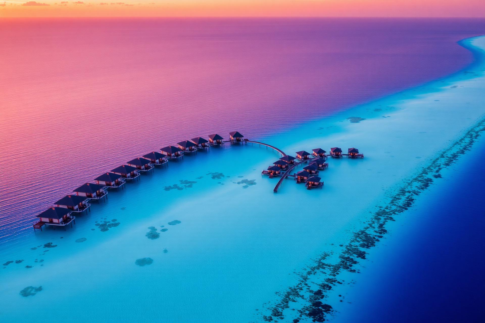 Aerial view of the Maldives overwater villas at sunset